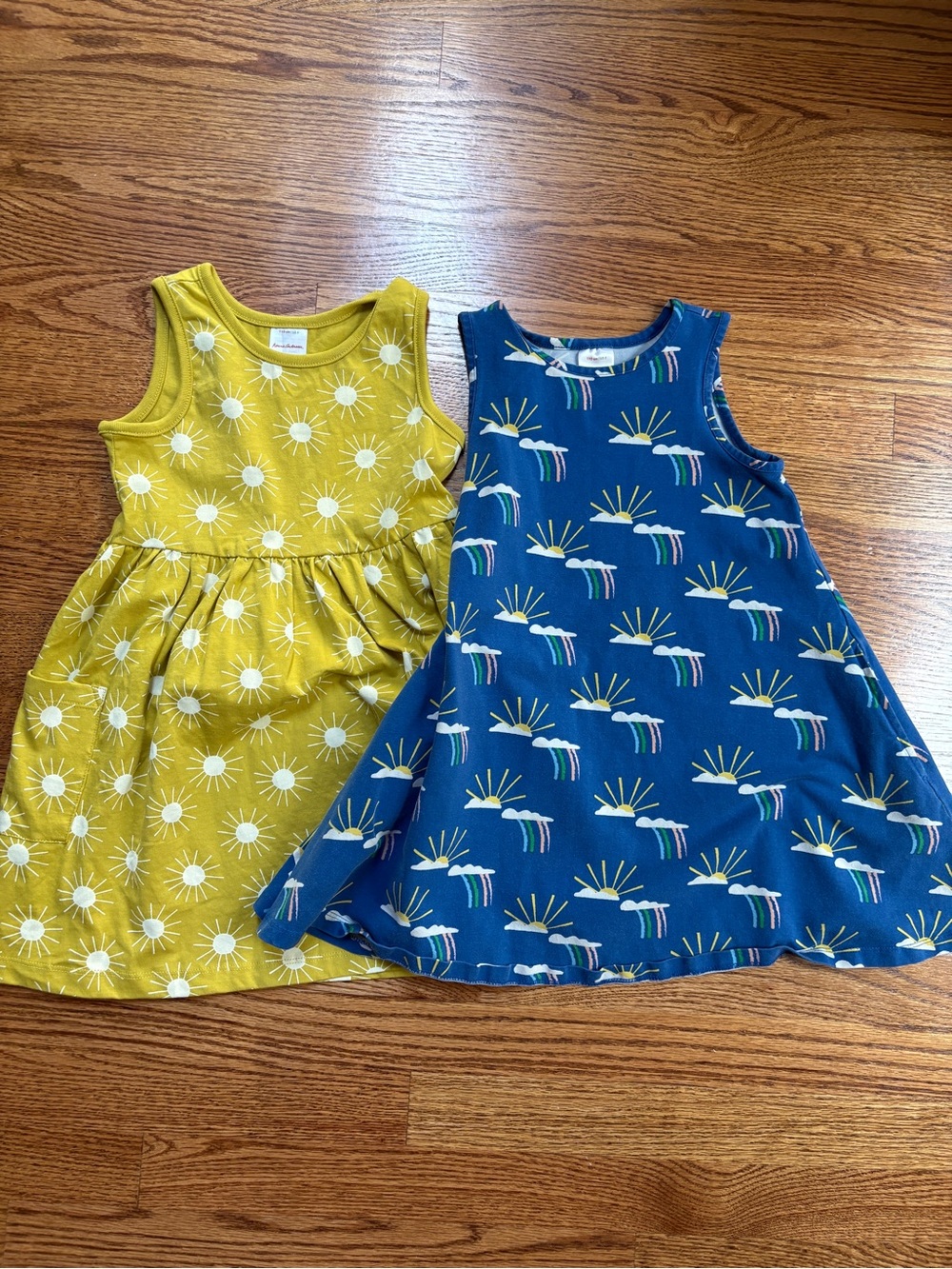 (2) Hanna Andersson Sleeveless Sun & Sunrise Print Dresses - Yellow and Blue